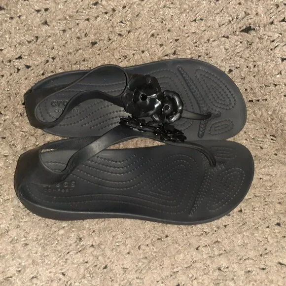 CROCS-Sexi Serena Flip Flop Sandals Black Comfort Thong Floral-Sz 8-Near Mint - Picture 6 of 7